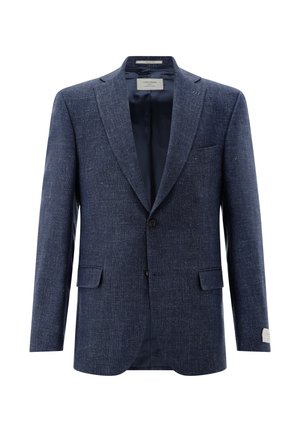 Einreihiger marineblauer, strukturierter Blazer mit zwei Knöpfen, gekerbtem Revers, Fronttaschen mit Klappen und einem glatten schwarzen Innenfutter.