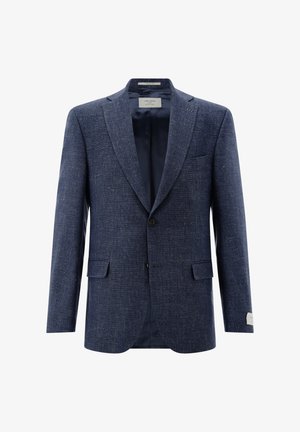 Einreihiger marineblauer, strukturierter Blazer mit zwei Knöpfen, gekerbtem Revers, Fronttaschen mit Klappen und einem glatten schwarzen Innenfutter.