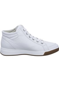 Weisse Leder-Hochtop-Sneaker mit runder Zehenform, Schnürdesign, weicher Textur und heller Gummisohle. Verfügt über gestickte Akzente entlang der Paneele.