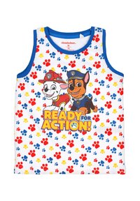 Maglietta senza maniche bianca per bambini con impronte di zampe rosse, blu e gialle, che presenta due cani dei cartoni animati in uniforme e la scritta "PRONTI PER L'AZIONE!"