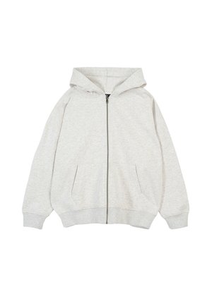 Jasnoszara bluza z kapturem na zamek błyskawiczny, z przednimi kieszeniami, ściągaczami przy mankietach i u dołu, oraz z przymocowanym kapturem.