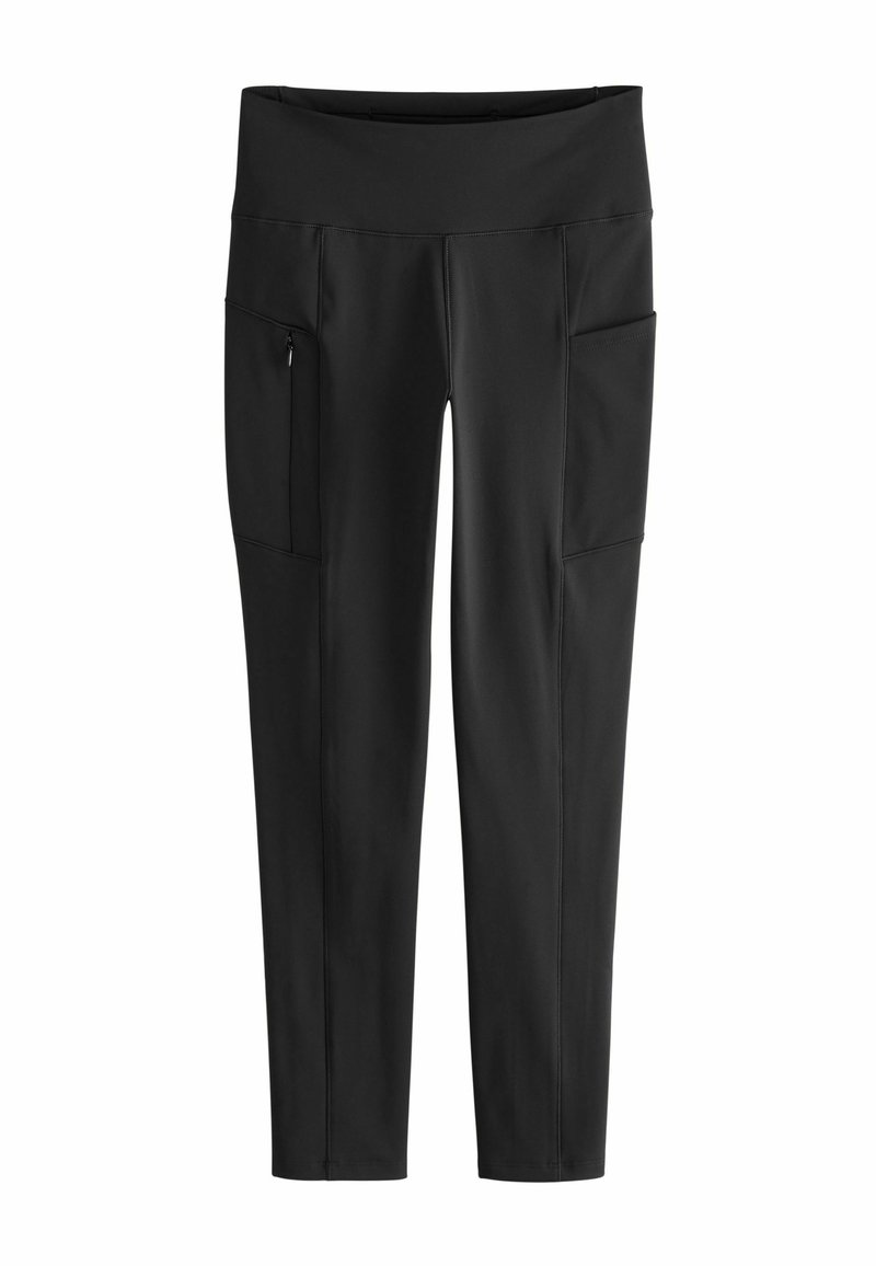 Sorte højtaljede leggings med to lommen på lårene, en med lynlås, i glat stof og tætsiddende design.