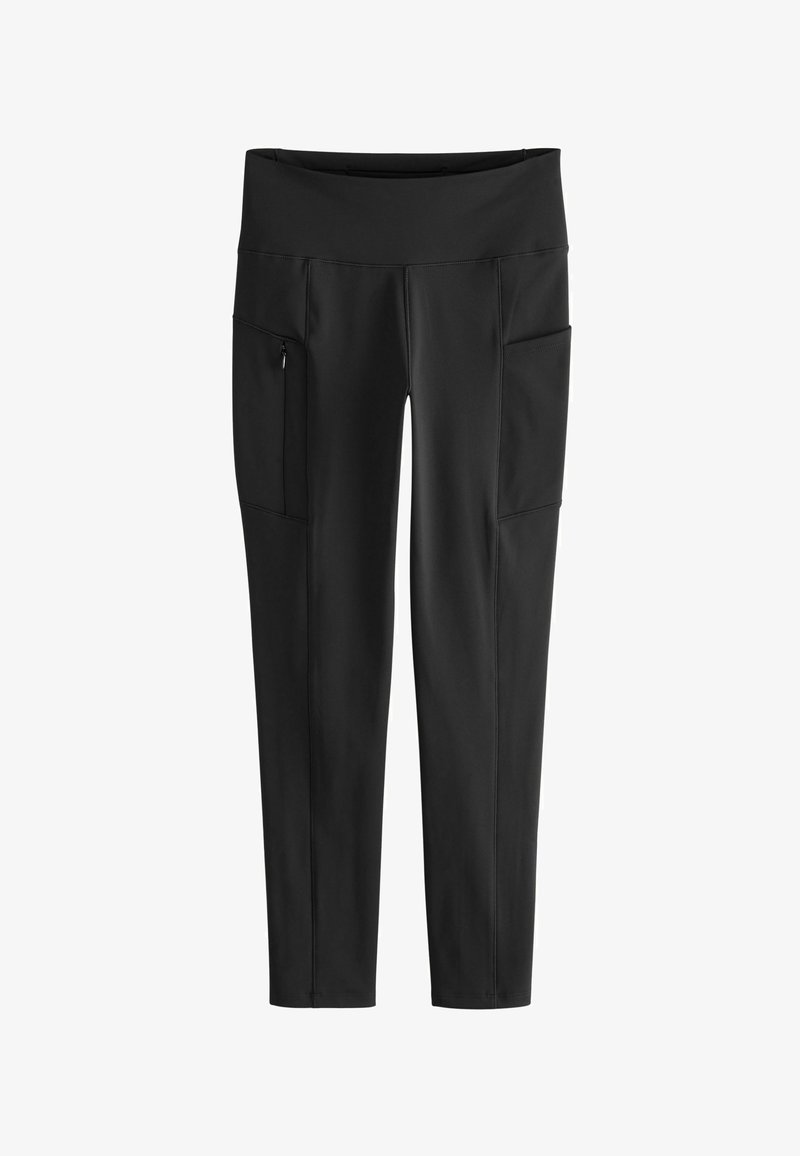 Sorte højtaljede leggings med to lommen på lårene, en med lynlås, i glat stof og tætsiddende design.