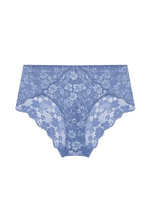 Mutandine a vita bassa da donna in pizzo azzurro con motivo floreale e bordi smerlati, progettate per comfort e stile.