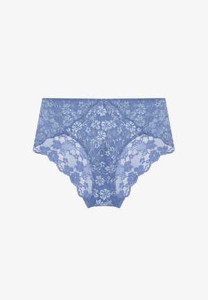 Mutandine a vita bassa da donna in pizzo azzurro con motivo floreale e bordi smerlati, progettate per comfort e stile.