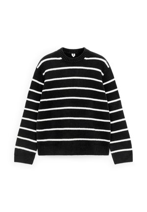 Black and white striped sweater with a round neckline and ribbed cuffs. Knitted texture, relaxed fit, and even horizontal stripes throughout.