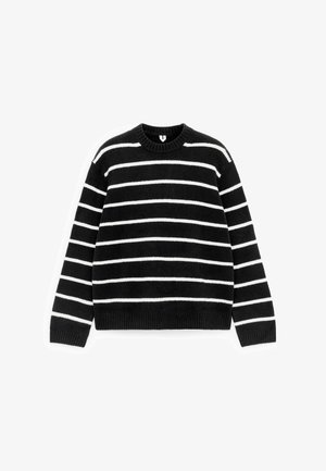 Black and white striped sweater with a round neckline and ribbed cuffs. Knitted texture, relaxed fit, and even horizontal stripes throughout.