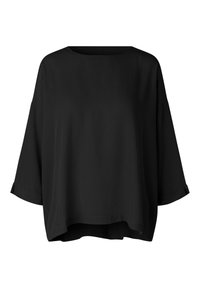 Chemisier noir ample en tissu lisse. Il présente des manches larges, un col rond et un ourlet arrondi. Pas de motifs ni d'accents visibles.