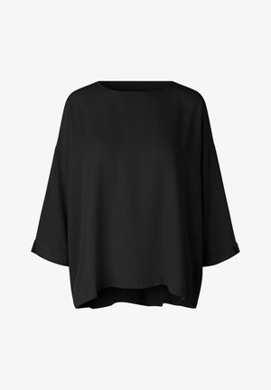 Losse zwarte blouse van gladde stof. Bevat brede mouwen, een ronde halslijn en een gebogen zoom. Geen zichtbare patronen of accenten.