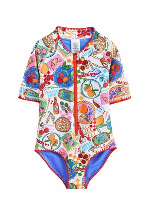 Dziecięcy strój kąpielowy z krótkim rękawem, z przednim zamkiem błyskawicznym, ozdobiony kolorowymi ilustracjami jedzenia i owoców oraz napisem "Dolce Vita".