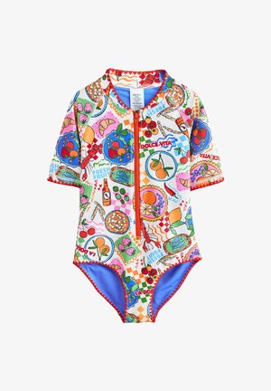 Dětské jednodílné plavky s krátkými rukávy a předním zipem, zdobené barevnými ilustracemi potravin a ovoce a nápisem "Dolce Vita".