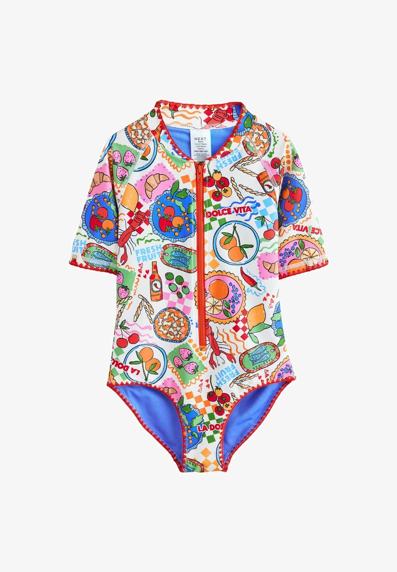 Maillot de bain enfant à manches courtes avec fermeture éclair devant, décoré d'illustrations colorées de nourriture et de fruits ainsi que du texte "Dolce Vita".
