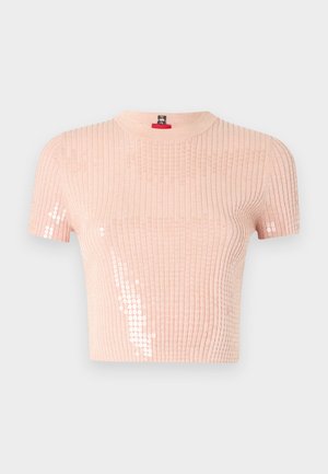 Light pink ribbed knit short-sleeve top with sequined accents on one side and a round neckline. Soft texture and cropped design.