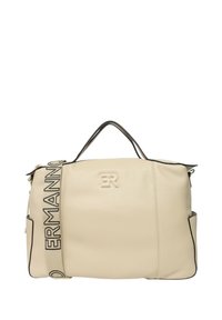 Borsa in pelle color crema con finitura testurizzata, rifiniture nere a contrasto e logo prominente. Dotata di tracolla removibile con testo "ERMANNO".