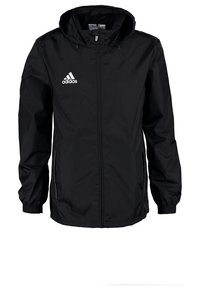 Mustana Adidas-huppari, jossa on etuvetoketju, joustavat hihat, kaksi vetoketjullista sivutaskua ja valkoinen Adidas-logo rinnassa.