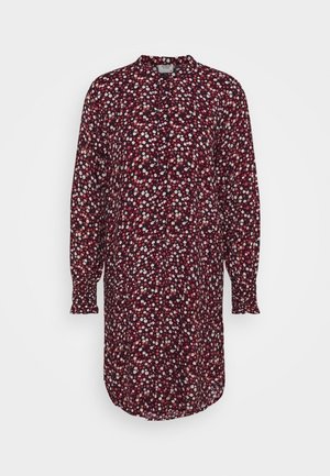 Long-sleeve burgundy dress with white and pink small floral pattern, button-up front, and round collar on plain background.
