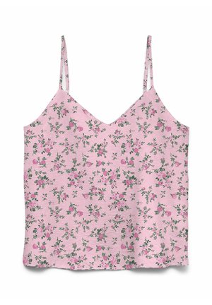 Rosa Spaghetti-Trägertop mit kleinen Rosenmustern in verschiedenen Rosatönen und grünen Blättern auf einem hellrosa Hintergrund.