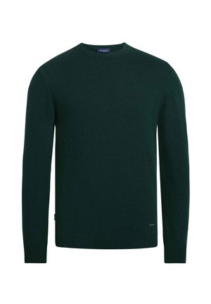 Dunkelgrüner Rundhalspullover mit langen Ärmeln, gerippten Bündchen und Saum, aus einem weichen Strickmaterial gefertigt. Verfügt über ein kleines Logo am Saum.