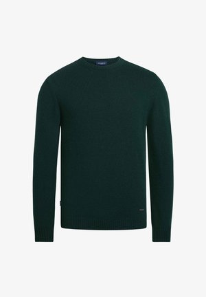 Pull à col rond vert foncé avec des manches longues, bords-côtes aux poignets et à l'ourlet, fabriqué en matière tricotée douce. Présente un petit logo au niveau de l'ourlet.