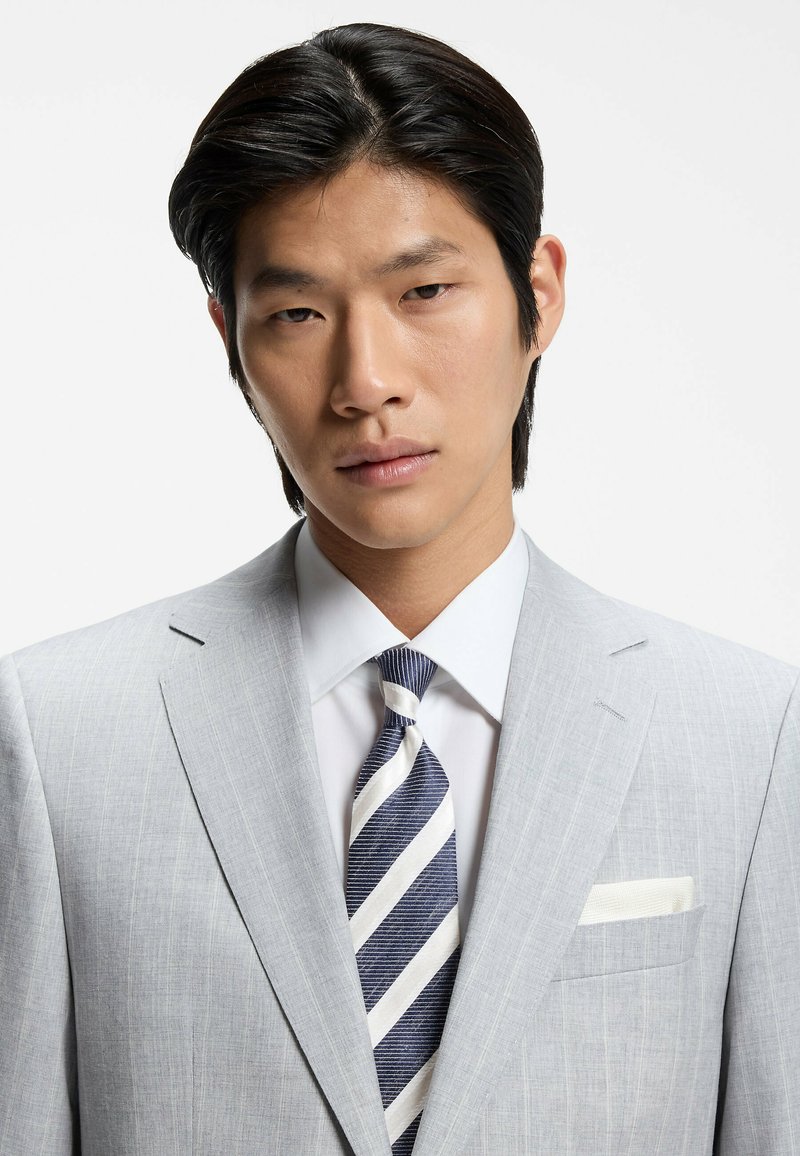 Jeune homme aux cheveux noirs portant un costume gris clair, une chemise blanche et une cravate rayée bleu et blanc, sur un fond blanc uni.