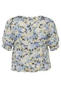 Blusa floreale con un motivo blu chiaro, giallo e nero, con una texture plissettata, maniche corte a sbuffo e polsini elastici.