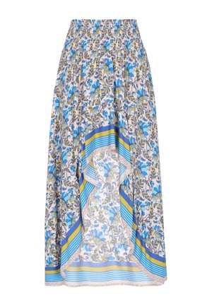 Lillelillelise lillemustriga seelik sinises, rohelises ja beežis, elastse vöökohaga ja triibulise äärega. Valmistatud kergest kangast.