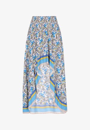 Lillelillelise lillemustriga seelik sinises, rohelises ja beežis, elastse vöökohaga ja triibulise äärega. Valmistatud kergest kangast.