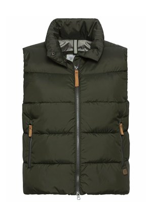 Olijfgroene puffer vest met een hoge kraag, ritsopening en twee ritszakken. Heeft tan leren accenten en een gestikte textuur.