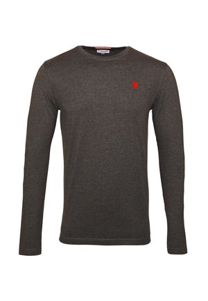 Dark gray long-sleeve crew neck shirt with a small red logo on the left chest, displayed on a white background.