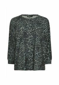 T-shirt à manches longues en gris foncé avec un imprimé léopard vert, présentant un décolleté arrondi et une coupe décontractée. Fabriqué en tissu doux et léger.