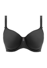 Zwarte onderwired beha met gladde cups, verstelbare bandjes, kanten rand langs de randen en een klein metallic accent in het midden.
