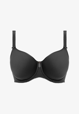 Black underwired bra with smooth cups, adjustable straps, lace trim along the edges, and a small metallic accent at the center.