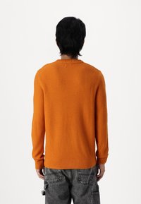 Pomarańczowy sweter dziany o prążkowanej fakturze, z okrągłym dekoltem i długimi rękawami. W zestawieniu z szarymi spodniami cargo, widok od tyłu.