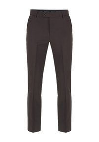 Brązowe spodnie o dopasowanym kroju z płaskim przodem, klasycznym kroju i pojedynczym zapięciem na guzik. Gładki materiał bez widocznych wzorów.
