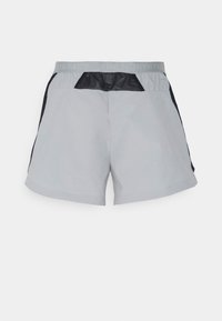 Grå shorts med ett nätpanel bak, svarta sidokanter och ett elastiskt midjeband med "THE NORTH FACE"-logotyp.