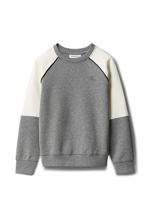 Felpa grigia con maniche superiori bianche, design raglan, polsini e orlo a coste, e piccolo logo "cK" sul petto.