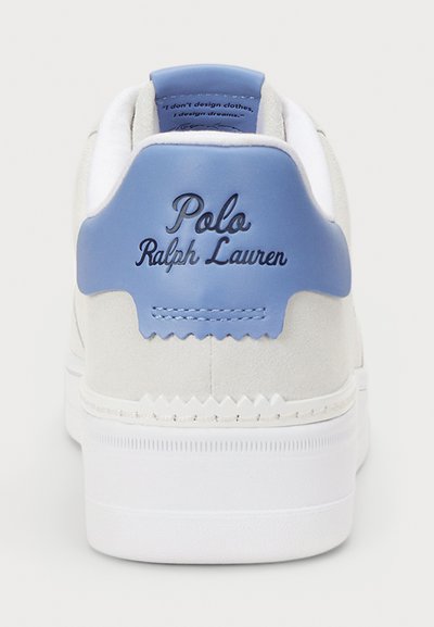 White sneaker with suede and leather materials. Blue heel accent features embossed "Polo Ralph Lauren" logo. Textured white sole.