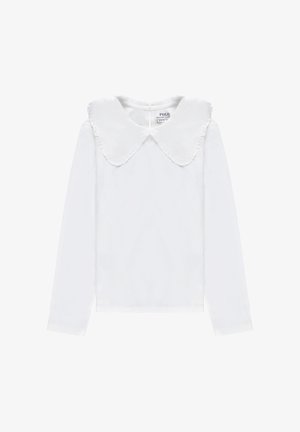 Maglia bianca a maniche lunghe per ragazza con grande collo smerlato con bordi arricciati, cerniera posteriore e etichetta Polo Ralph Lauren all'interno.