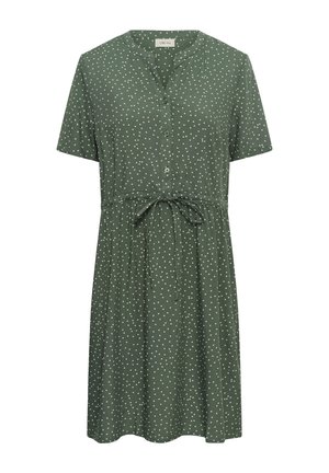 Zöld rövid ujjú ruha fehér pöttyökkel, gombos elülső résszel és megkötős derékrésszel.