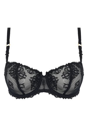 Black lace bra with embroidered floral patterns, sheer cups, underwire support, adjustable straps, and detailed lace trim.