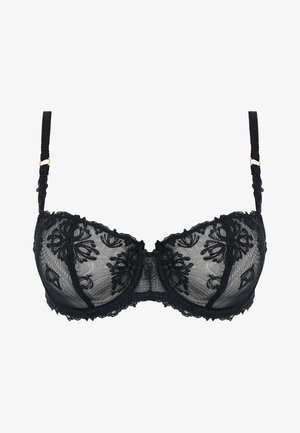 Black lace bra with embroidered floral patterns, sheer cups, underwire support, adjustable straps, and detailed lace trim.