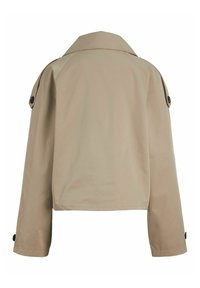 Giacca beige corta con ampio colletto, maniche lunghe e dettagli con bottoni su spalle e polsini. Tessuto liscio con un design semplice.