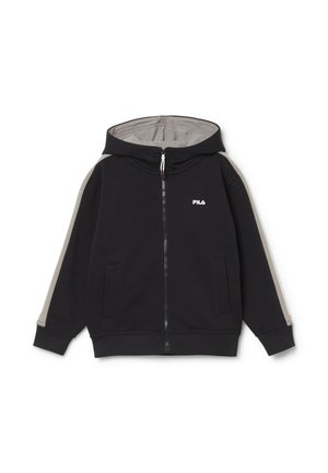 Sudadera con capucha y cremallera en negro con una franja gris en las mangas, forro gris en la capucha, dos bolsillos delanteros y logo FILA blanco en el pecho.