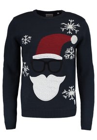 Pull bleu marine avec un chapeau de Père Noël rouge, des lunettes noires, une barbe blanche et des flocons de neige comme motifs festifs de vacances.