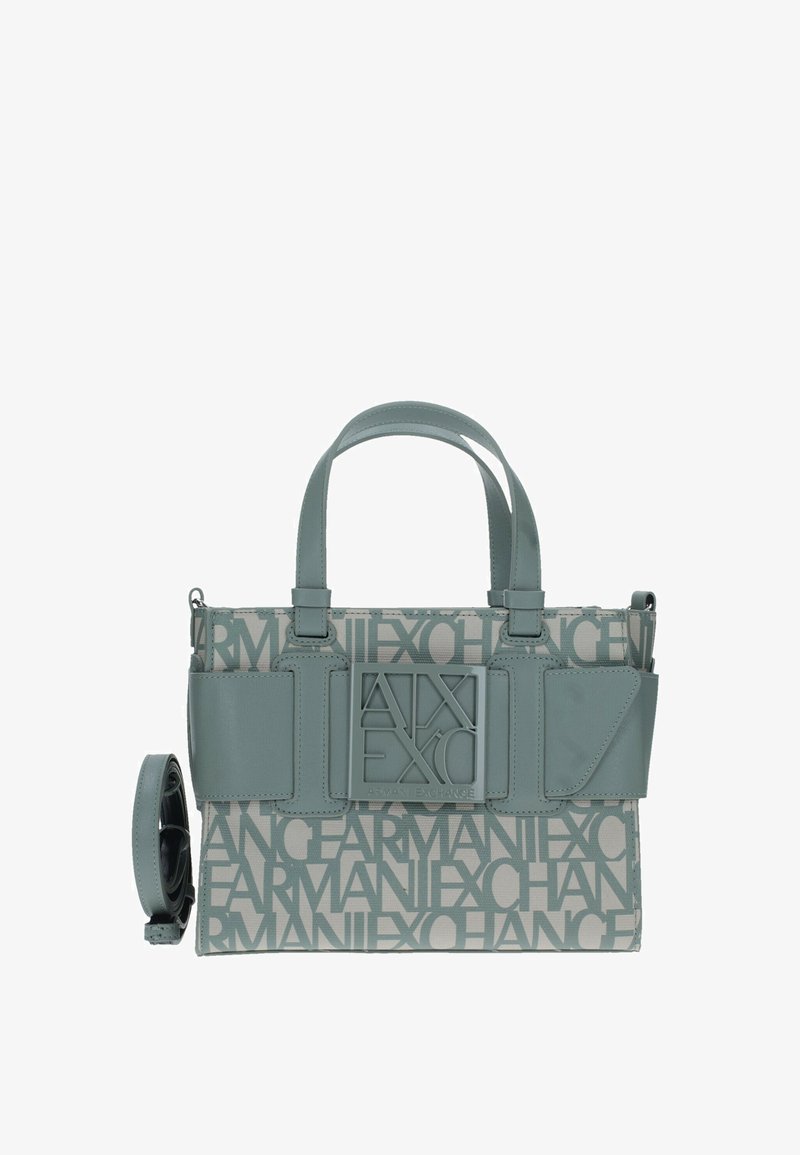 Borsa a mano grigia con tessuto testurizzato caratterizzato da loghi ripetuti. Comprende manici corti e una tracolla removibile, con un accento del logo ben visibile.