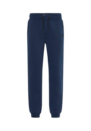 Pantaloni della tuta blu navy realizzati in un tessuto morbido, con una vita elastica e lacci regolabili e polsini a costine alle caviglie.