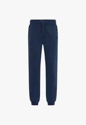 Navy blue sweatpants made from a soft fabric, featuring an elastic waistband with adjustable drawstrings and ribbed cuffs at the ankles.