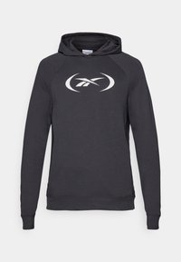 Hoodie gris foncé avec une poche kangourou à l'avant, des poignets et un ourlet côtelés. Présente un grand logo blanc sur la poitrine, fabriqué en tissu doux.