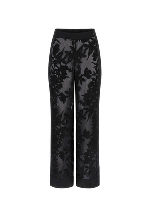 Pantaloni negri cu model floral, cu un strat transparent, talie plată și manșete solide. Prezintă desene complicate cu frunze și flori pe întreaga suprafață.