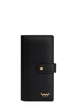 Black faux leather wallet with a smooth texture, gold snap closure, and embossed logo at the bottom right corner.